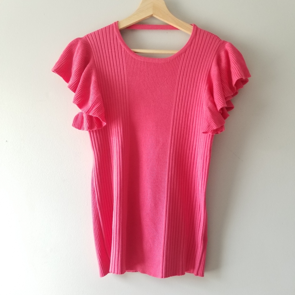 The Limited Hot Pink Ribbed Flutter Sleeve Top
